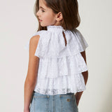 Twinset Kids Top Bianco in Tulle con Ricami per Bambine
