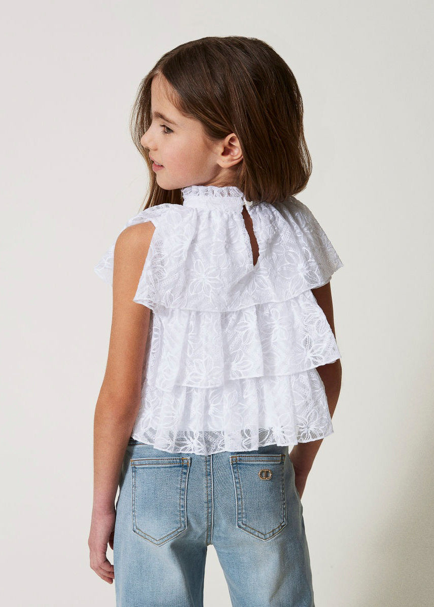 Twinset Kids Top Bianco in Tulle con Ricami per Bambine