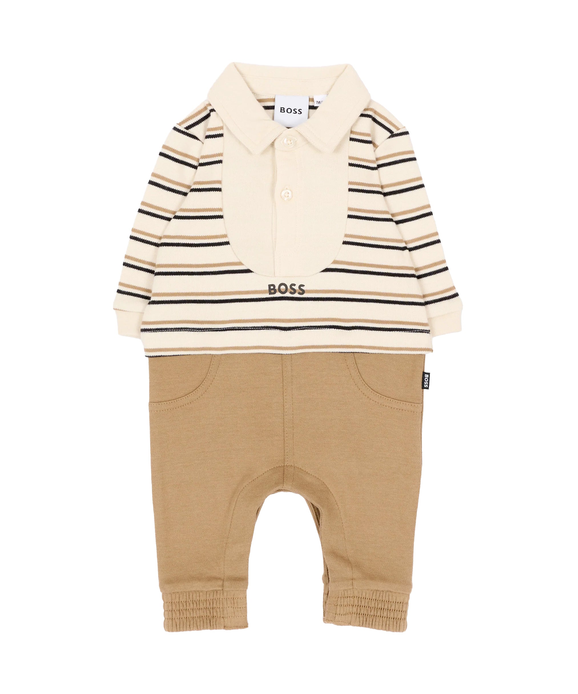 BOSS Kids Tutina Beige Effetto Polo a Righe e Pantaloni con Logo per Neonati