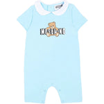 Moschino Kids Pagliaccetto Celeste con Logo Teddy Bear per Neonati