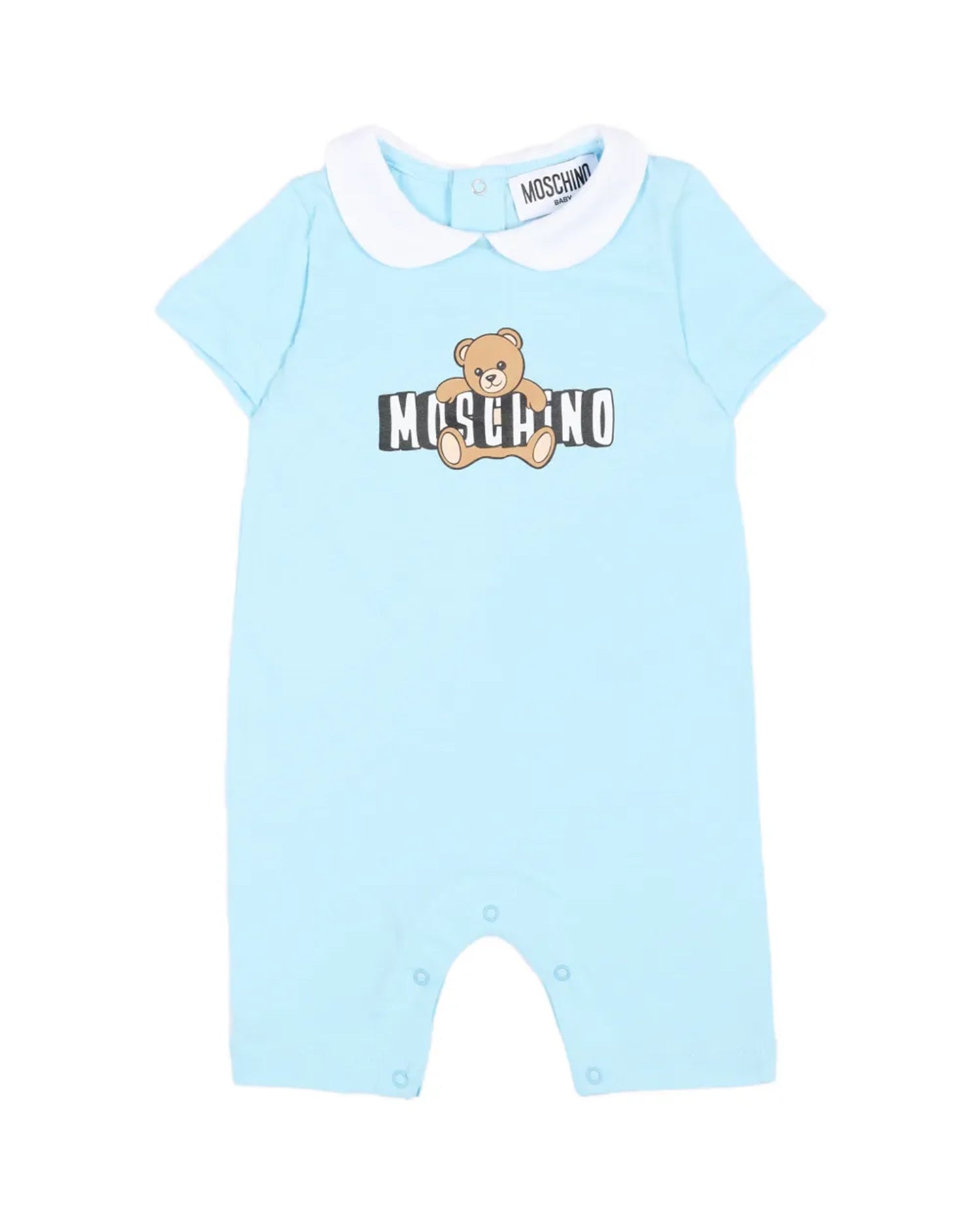 Moschino Kids Pagliaccetto Celeste con Logo Teddy Bear per Neonati