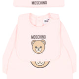 Moschino Kids Set Nascita Rosa con Tutina, Cappellino e Bavaglino con Stampa Teddy Bear e Logo per Neonate