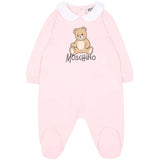 Moschino Kids Tutina Rosa in Cotone con Colletto e Stampa Teddy Bear e Logo per Neonate