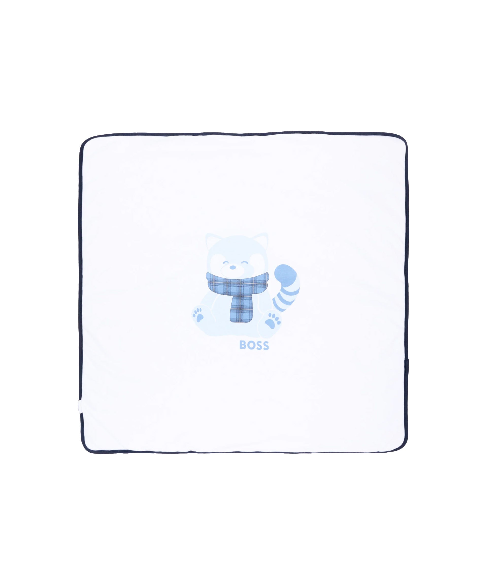 BOSS Kids Copertina Azzurra Bifacciale in Cotone con Stampa Panda Rosso e Orsetti Jacquard per Neonati