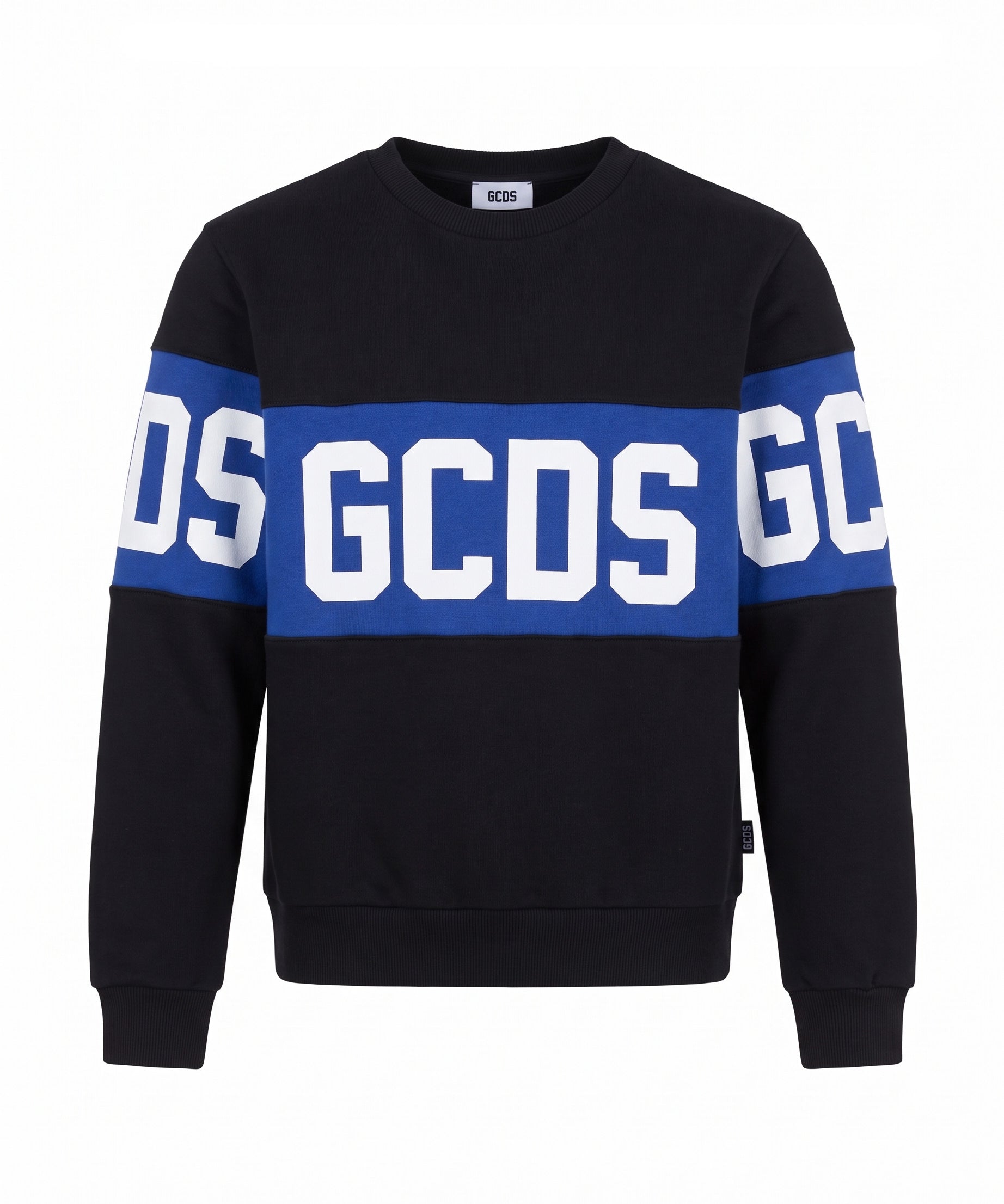 Gcds Kids Felpa Girocollo Nero con Banda Logata Blu per Bambini
