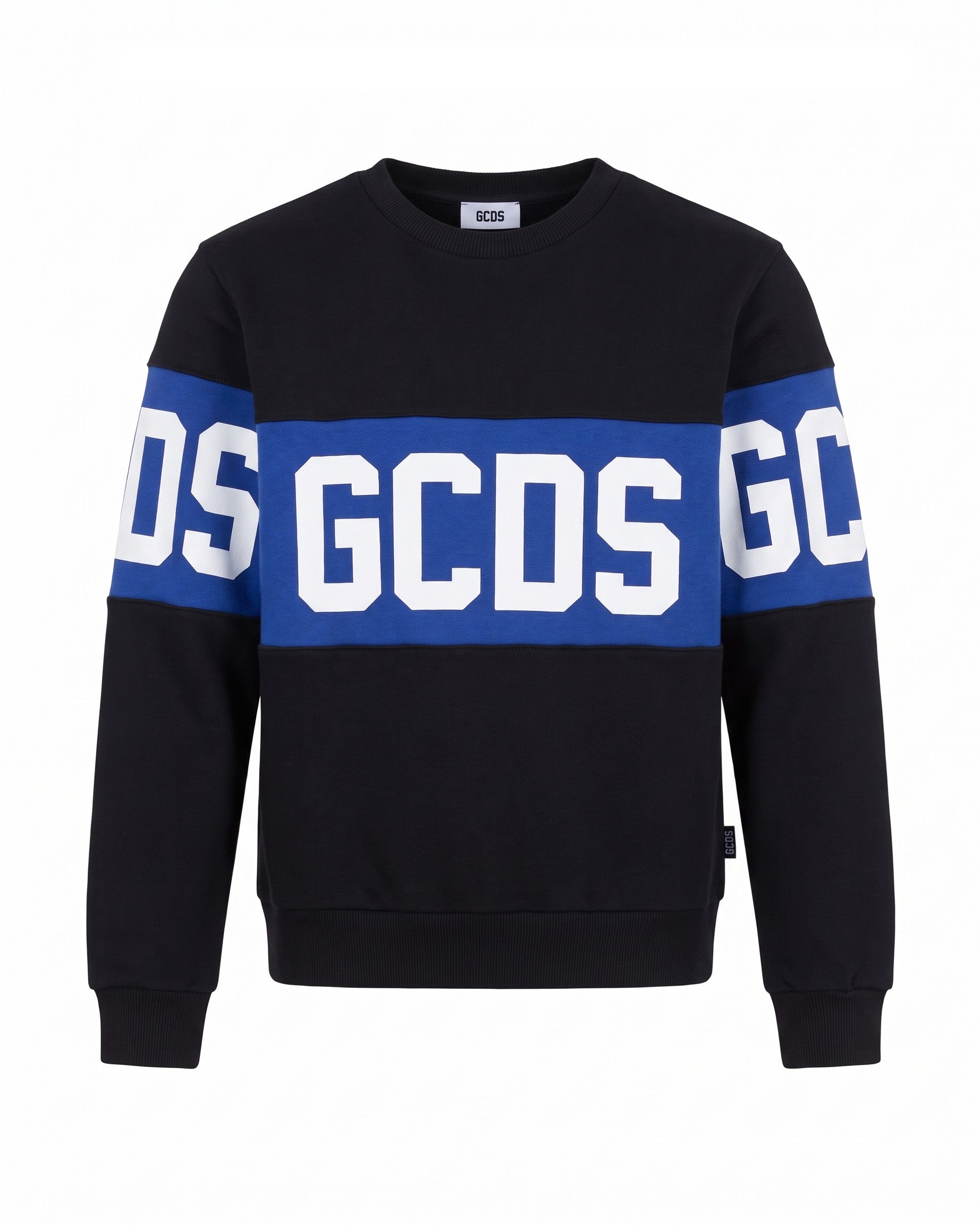 Gcds Kids Felpa Girocollo Nero con Banda Logata Blu per Bambini