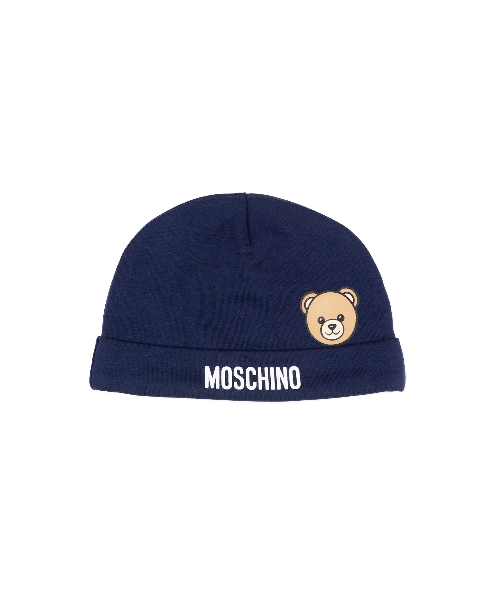 Moschino Kids Cappellino Blu in Cotone con Stampa Teddy Bear e Logo Unisex per Neonati