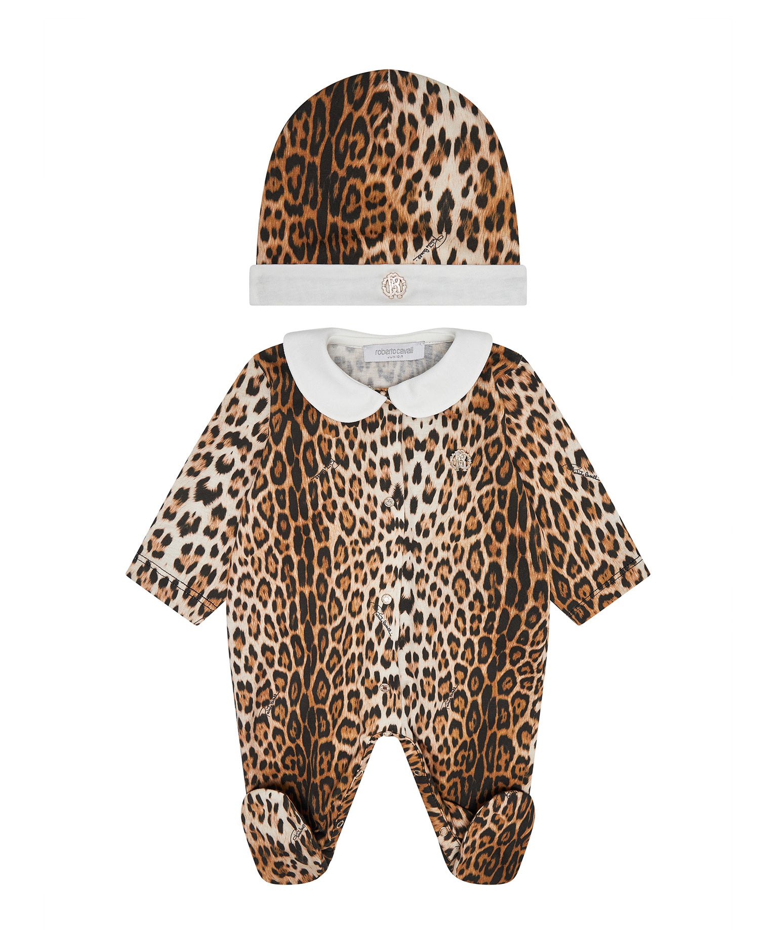Roberto Cavalli Kids Set 2pz. Tutina e Cappellino con Motivo Animalier per Neonate