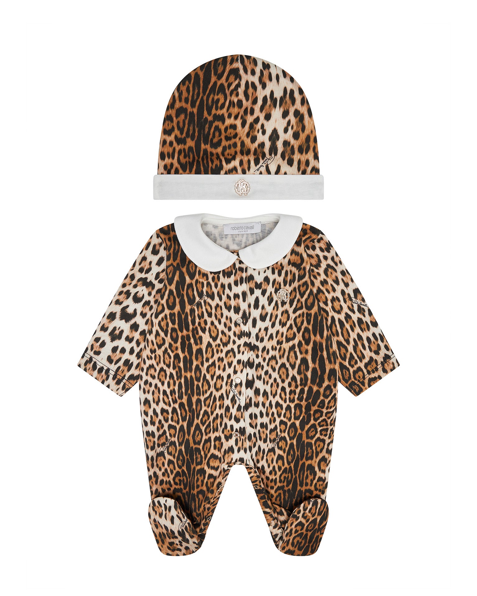 Roberto Cavalli Kids Set 2pz. Tutina e Cappellino con Motivo Animalier per Neonate