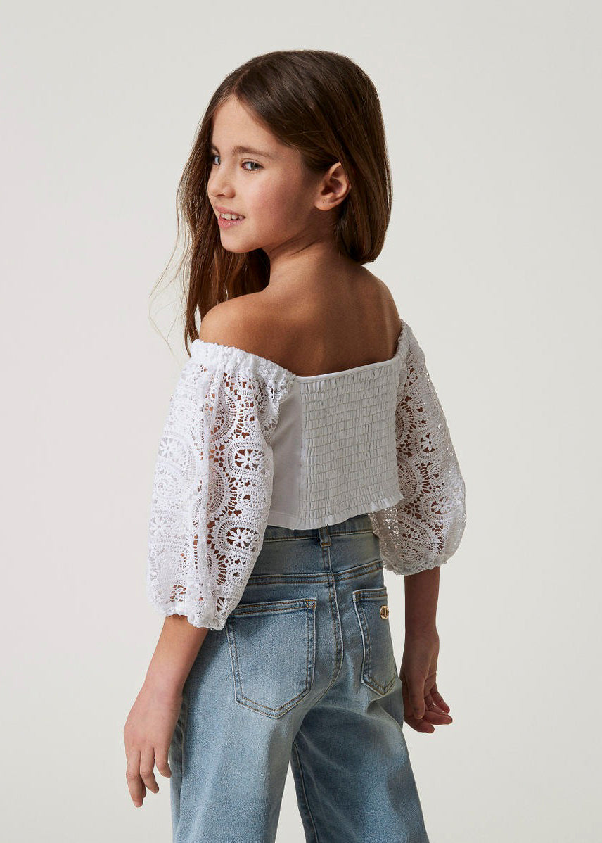 Twinset Kids Top Bianco con Pizzo per Bambine