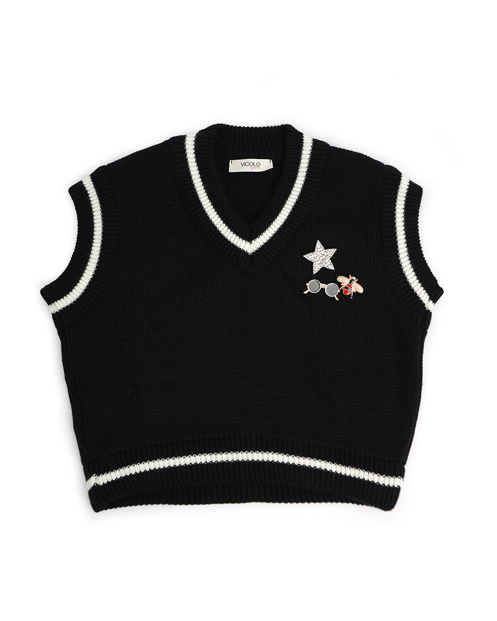 Vicolo Kids Gilet Nero con Dettagli a Contrasto Bianchi per Bambine