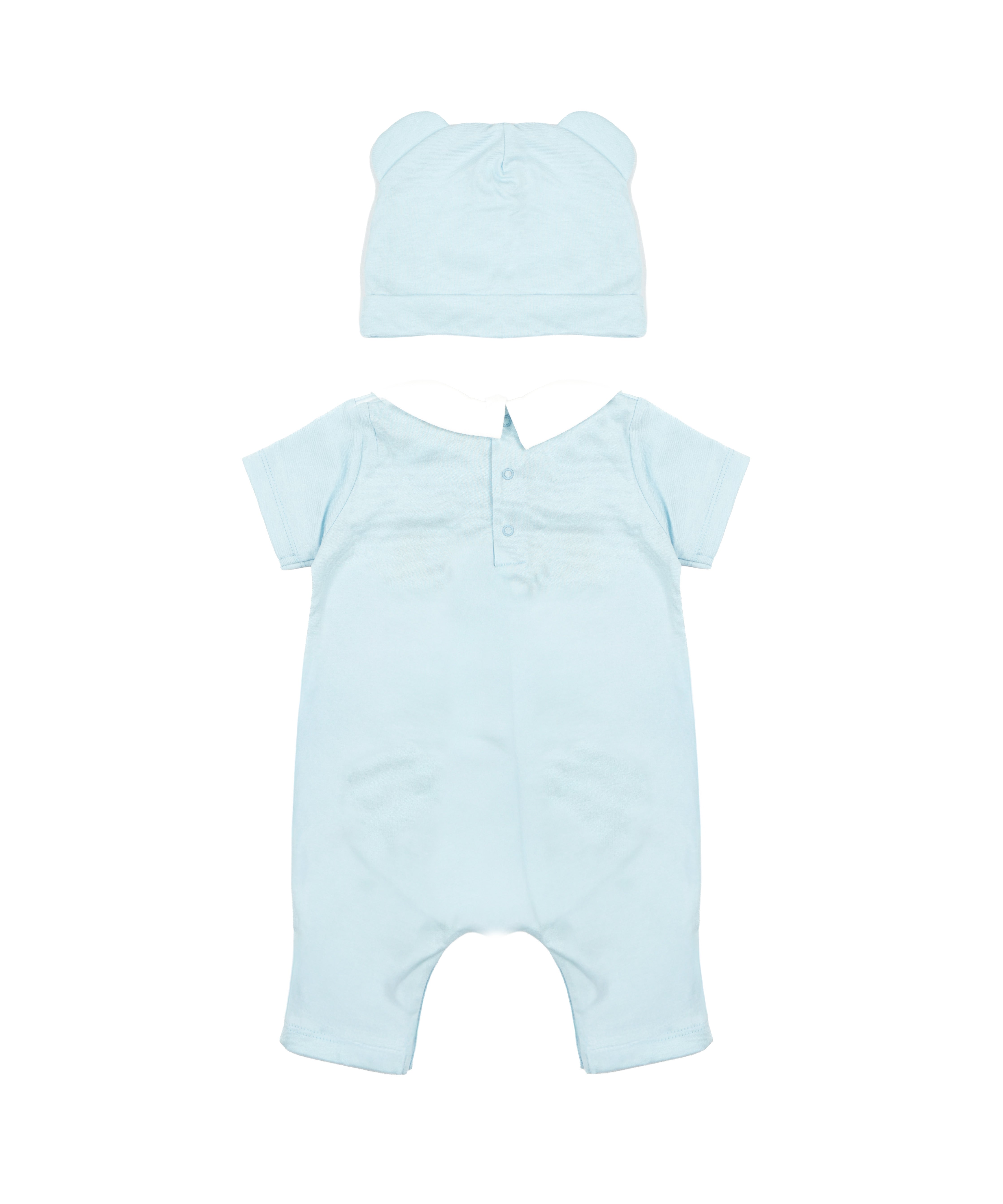 Moschino Kids Set Pagliaccetto e Cappello Celeste con Stampa Logo Teddy per Neonati