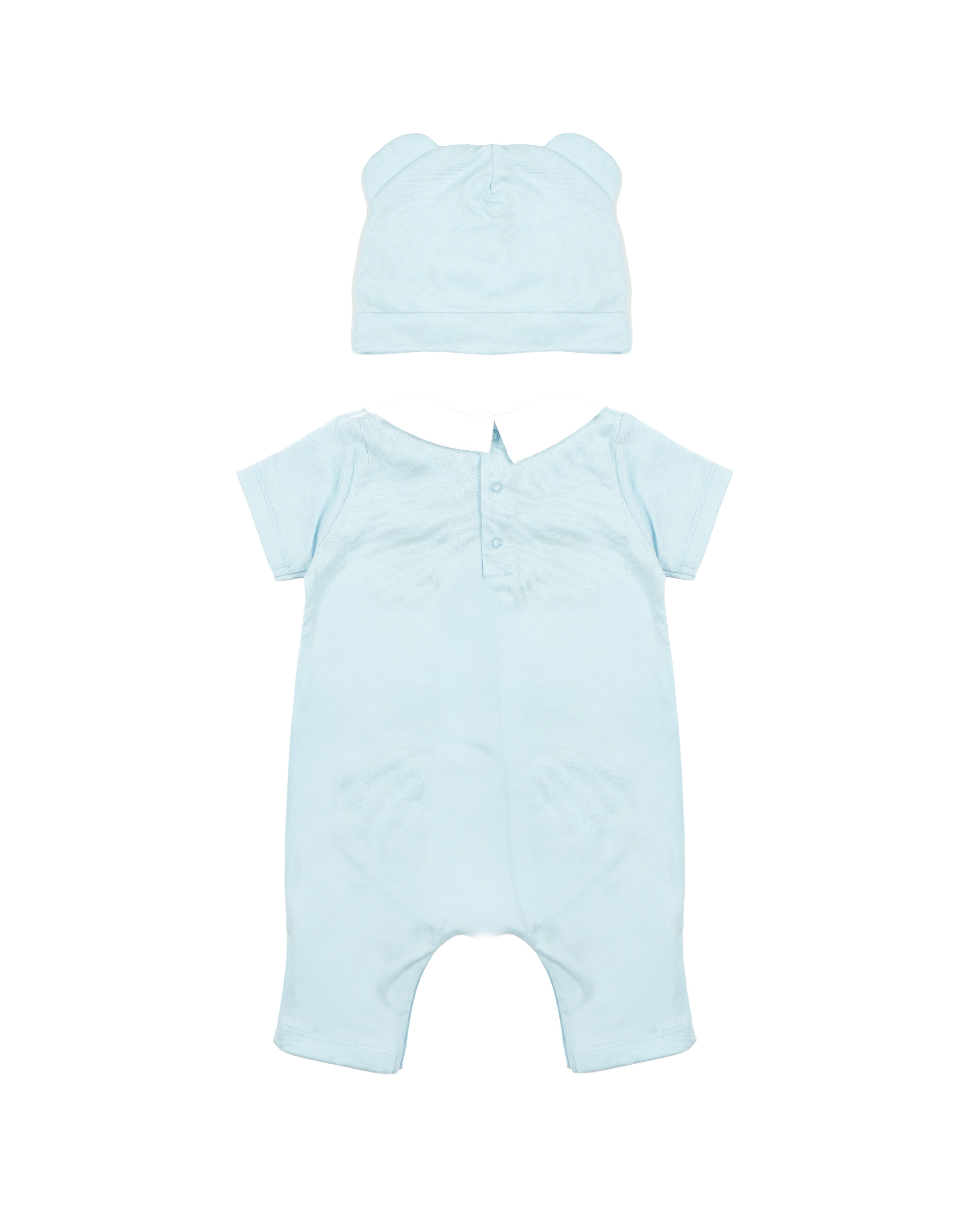 Moschino Kids Set Pagliaccetto e Cappello Celeste con Stampa Logo Teddy per Neonati