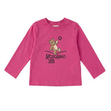 Moschino Kids T-Shirt Manica Lunga Fucsia in Cotone con Teddy Bear e Logo per Bambine