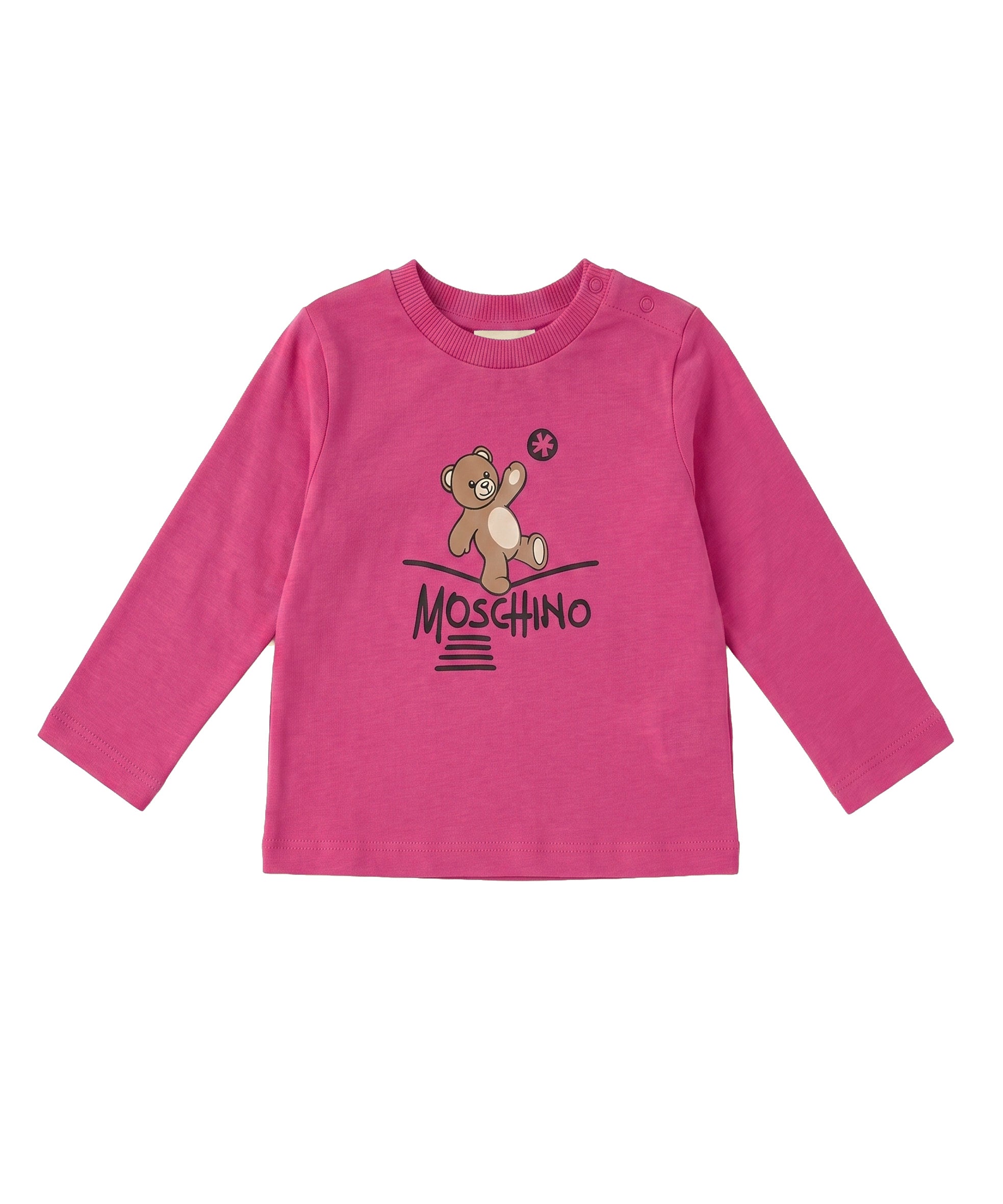 Moschino Kids T-Shirt Manica Lunga Fucsia in Cotone con Teddy Bear e Logo per Bambine