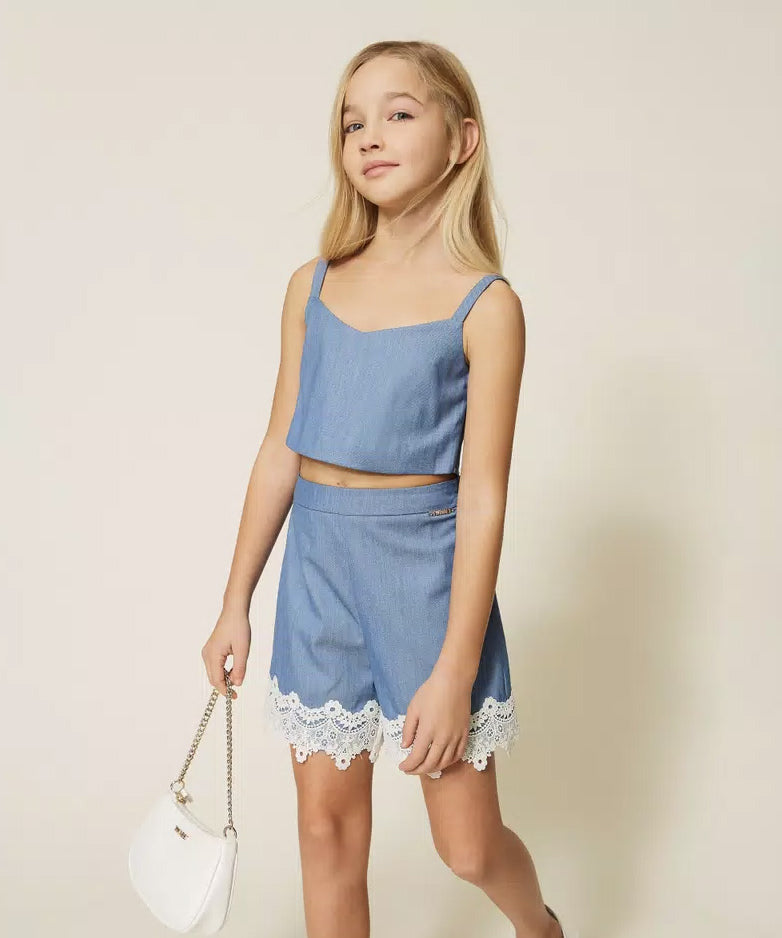 Twinset Kids Shorts Sky Line con Dettagli in Pizzo per Bambine