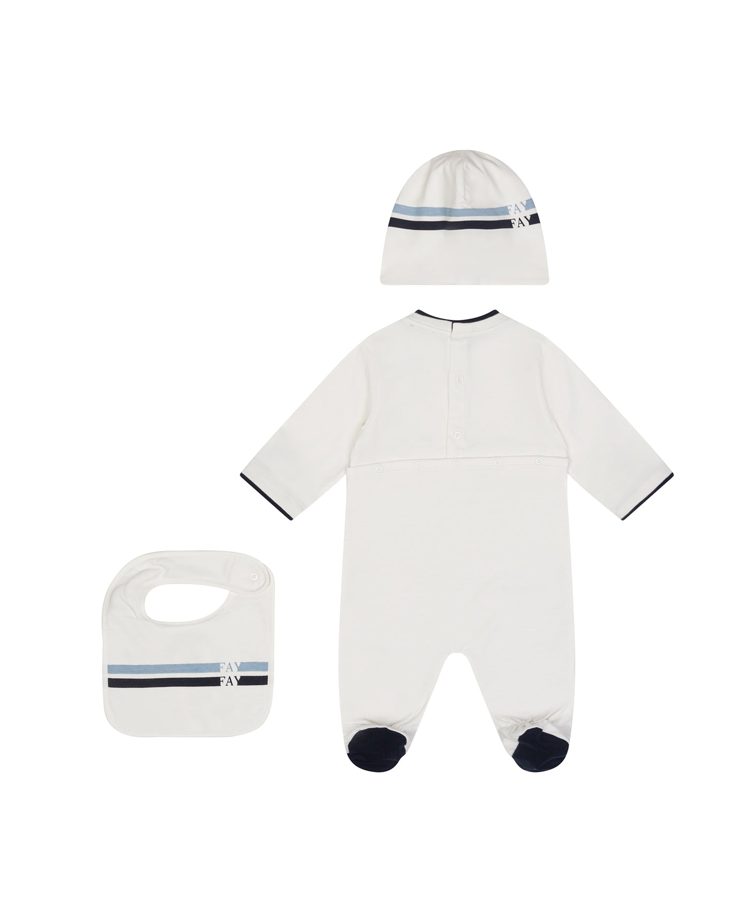 Fay Kids Set Tutina+Bavetto+Cappello Avorio con Strisce Blu e Nere per Neonati