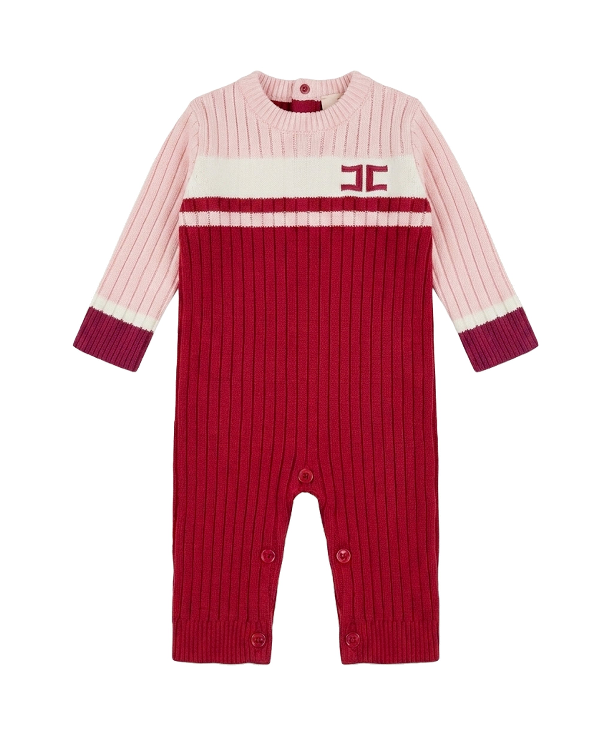 Elisabetta Franchi La Mia Bambina Tutina Intera in Maglia a Coste Rossa e Rosa con Logo Ricamato per Neonate