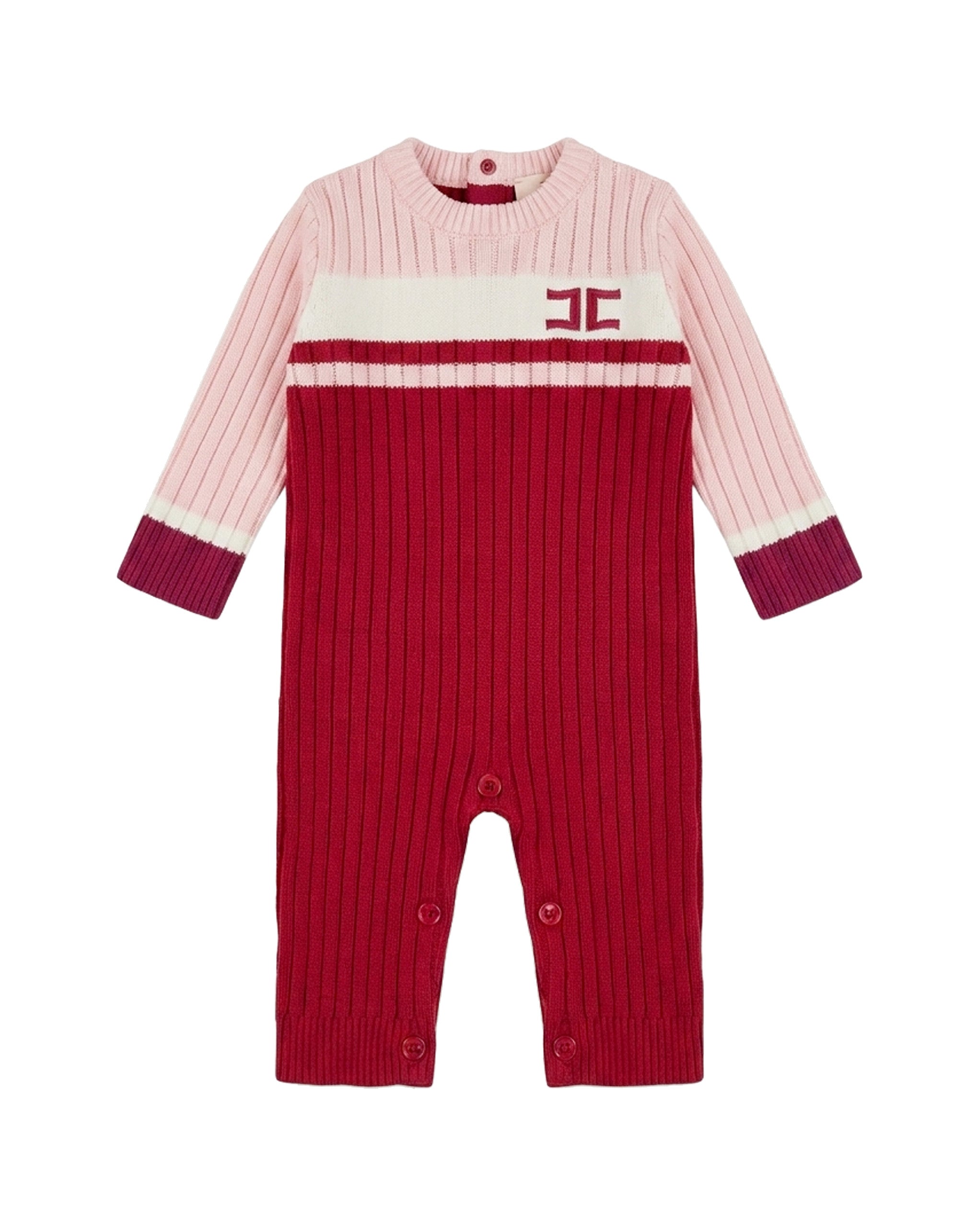 Elisabetta Franchi La Mia Bambina Tutina Intera in Maglia a Coste Rossa e Rosa con Logo Ricamato per Neonate