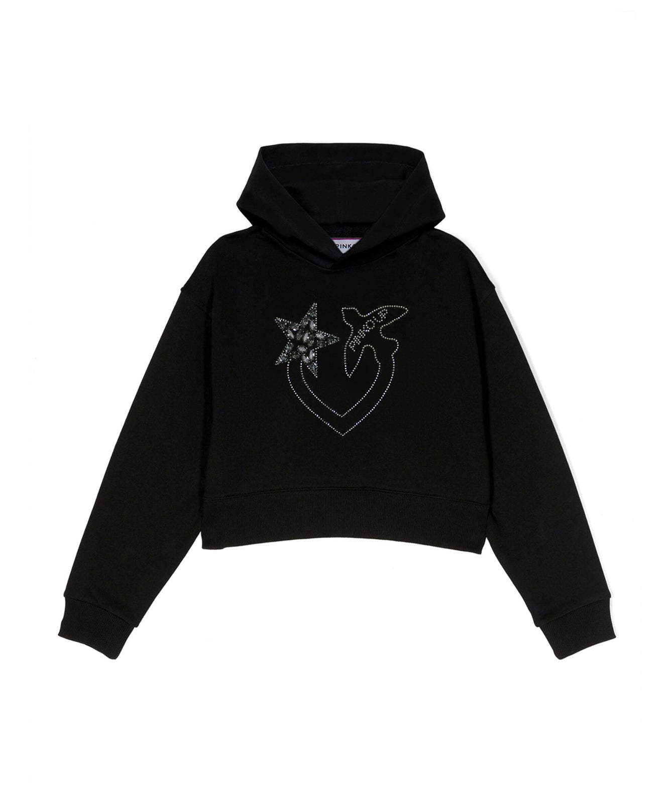 Pinko Kids Felpa Nera Crop con Cappuccio con Strass per Bambine