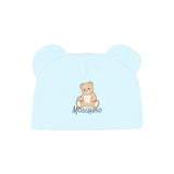 Moschino Kids Cappellino Celeste in Cotone con Orecchie, Stampa Teddy Bear e Logo per Neonati