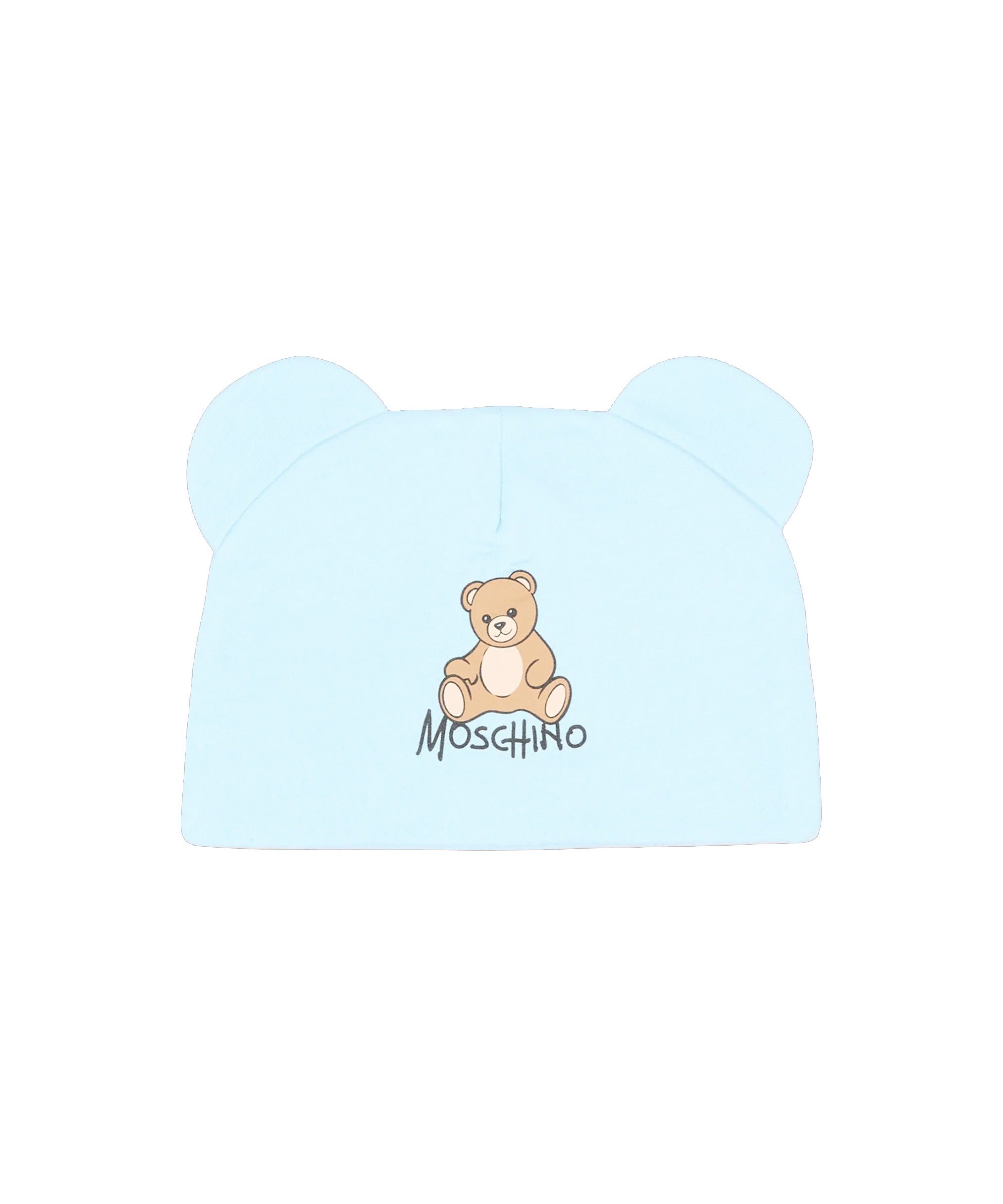 Moschino Kids Cappellino Celeste in Cotone con Orecchie, Stampa Teddy Bear e Logo per Neonati