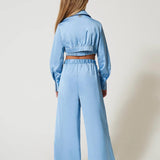 Twinset Kids Camicia con Pantaloni Azzurri in Raso per Bambine