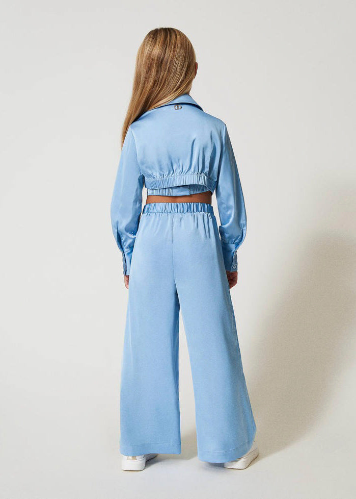 Twinset Kids Camicia con Pantaloni Azzurri in Raso per Bambine