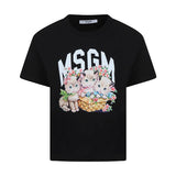 MSGM Kids T-shirt Nera con Stampa Cats per Bambine