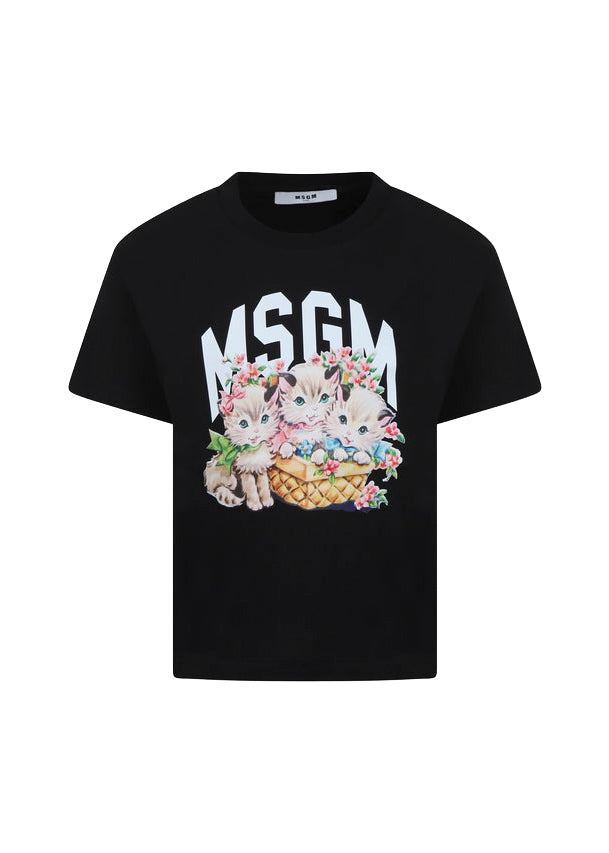 MSGM Kids T-shirt Nera con Stampa Cats per Bambine