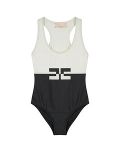 Elisabetta Franchi La Mia Bambina Costume 1pz. Bicolore Avorio/Nero con Logo a Contrasto per Bambine