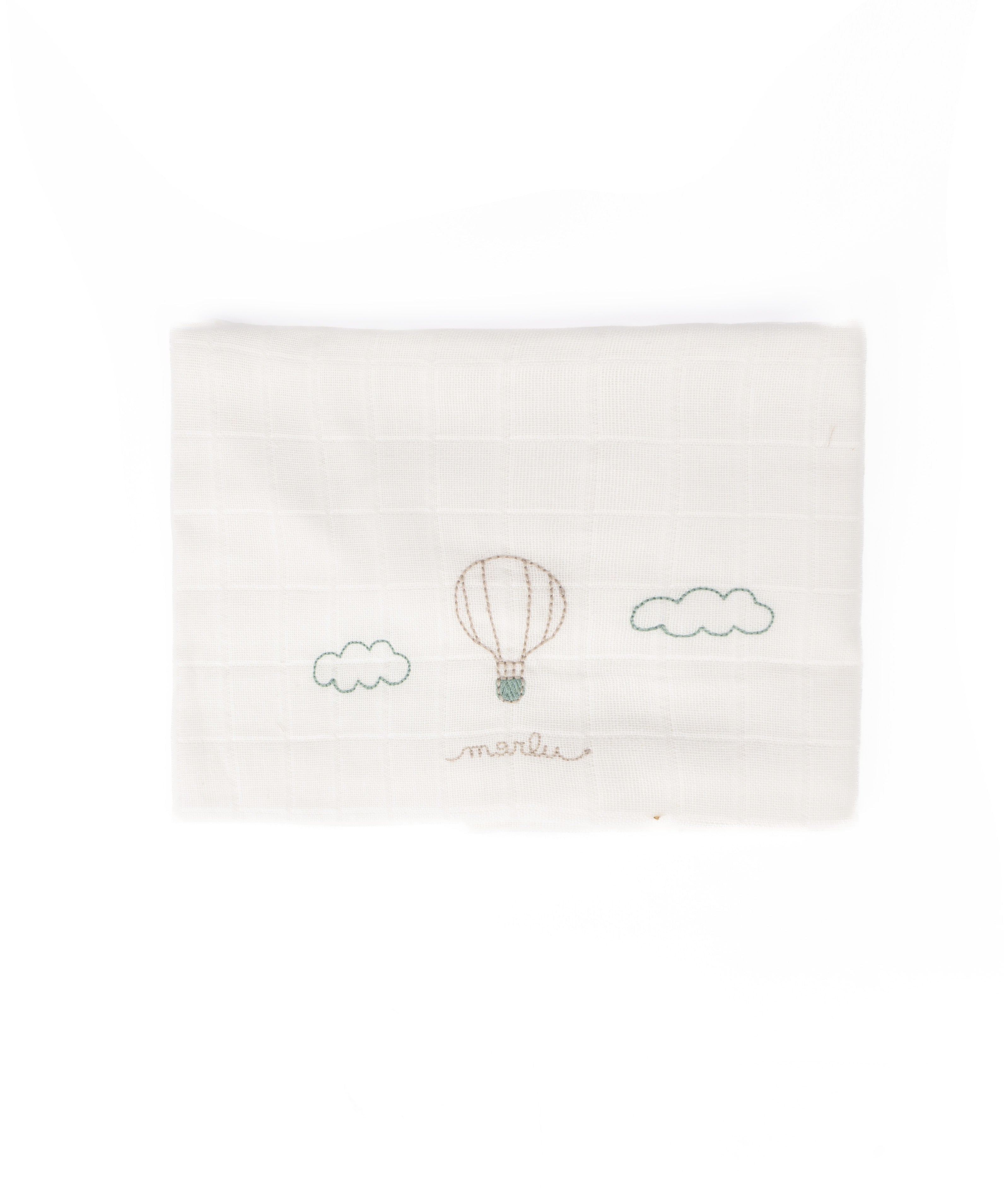 Marlù Quadrato Bianco con Ricami Verde Salvia per Neonati