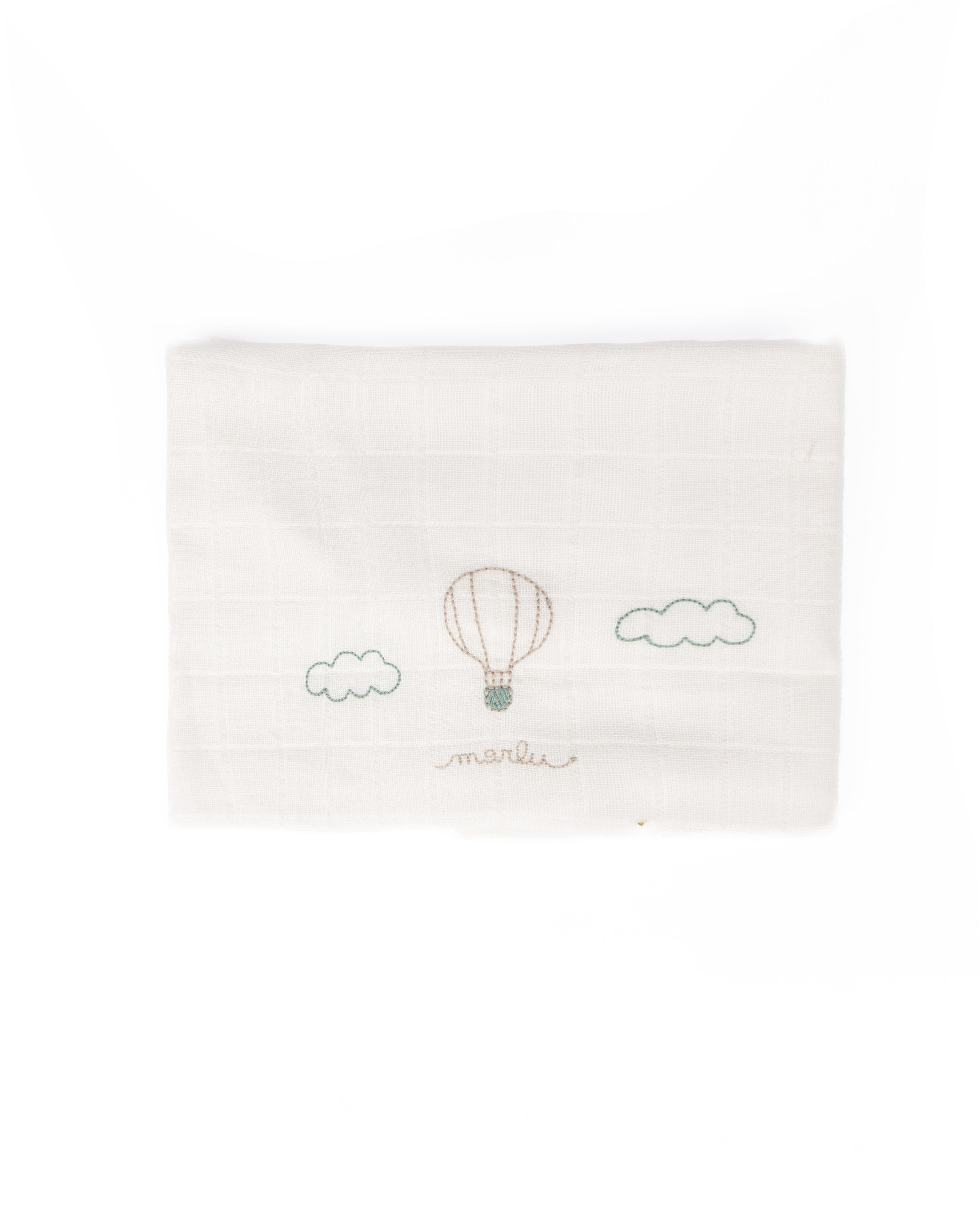Marlù Quadrato Bianco con Ricami Verde Salvia per Neonati