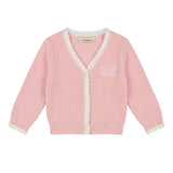 Elisabetta Franchi La Mia Bambina Cardigan Rosa in Maglia a Coste con Bordo Smerlato Panna e Logo per Neonate