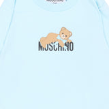 Moschino Kids Maglia Celeste a Maniche Lunghe con Stampa Teddy Bear e Logo per Neonati
