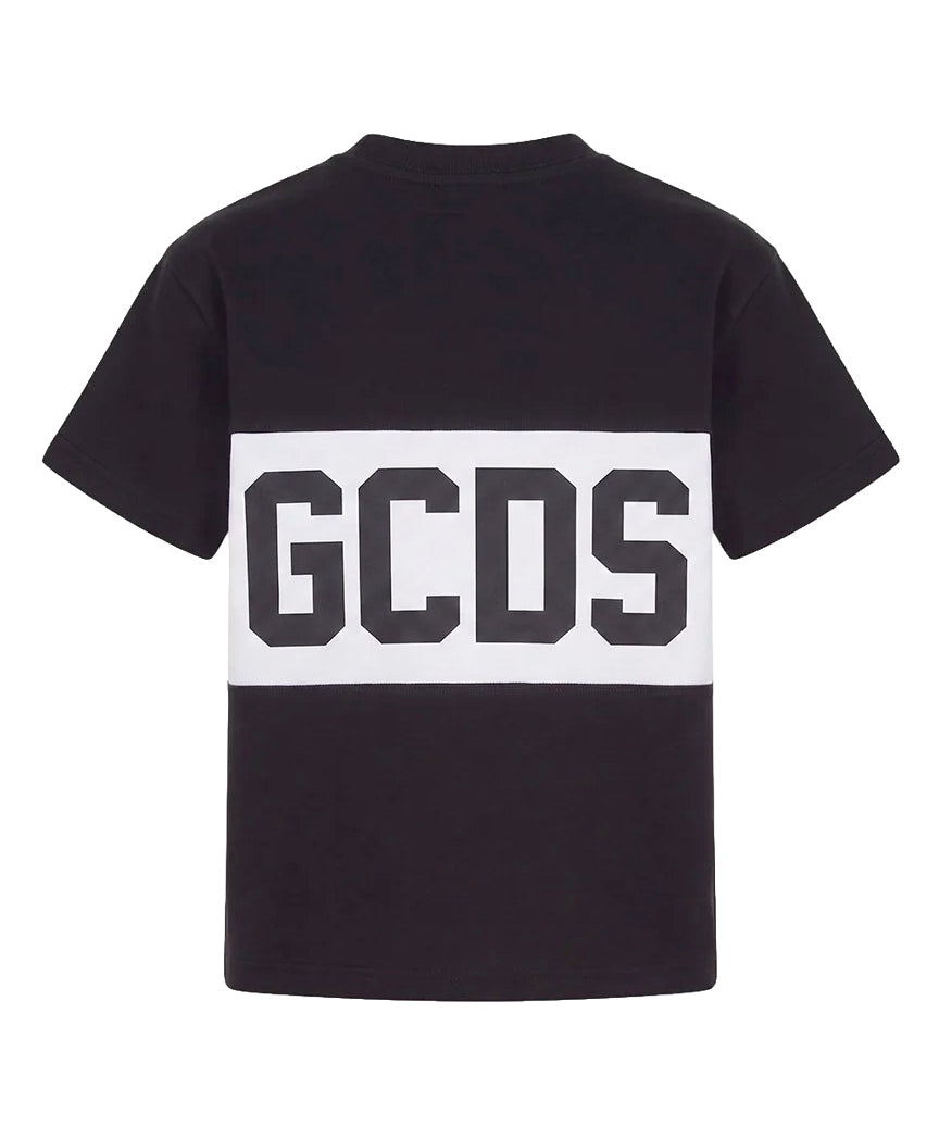 Gcds Kids T-Shirt Nero con Banda Logata Bianco Unisex