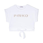 Pinko Kids T-shirt Crop Bianca con Fiocco e Strass 