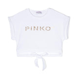 Pinko Kids T-shirt Crop Bianca con Fiocco e Strass 