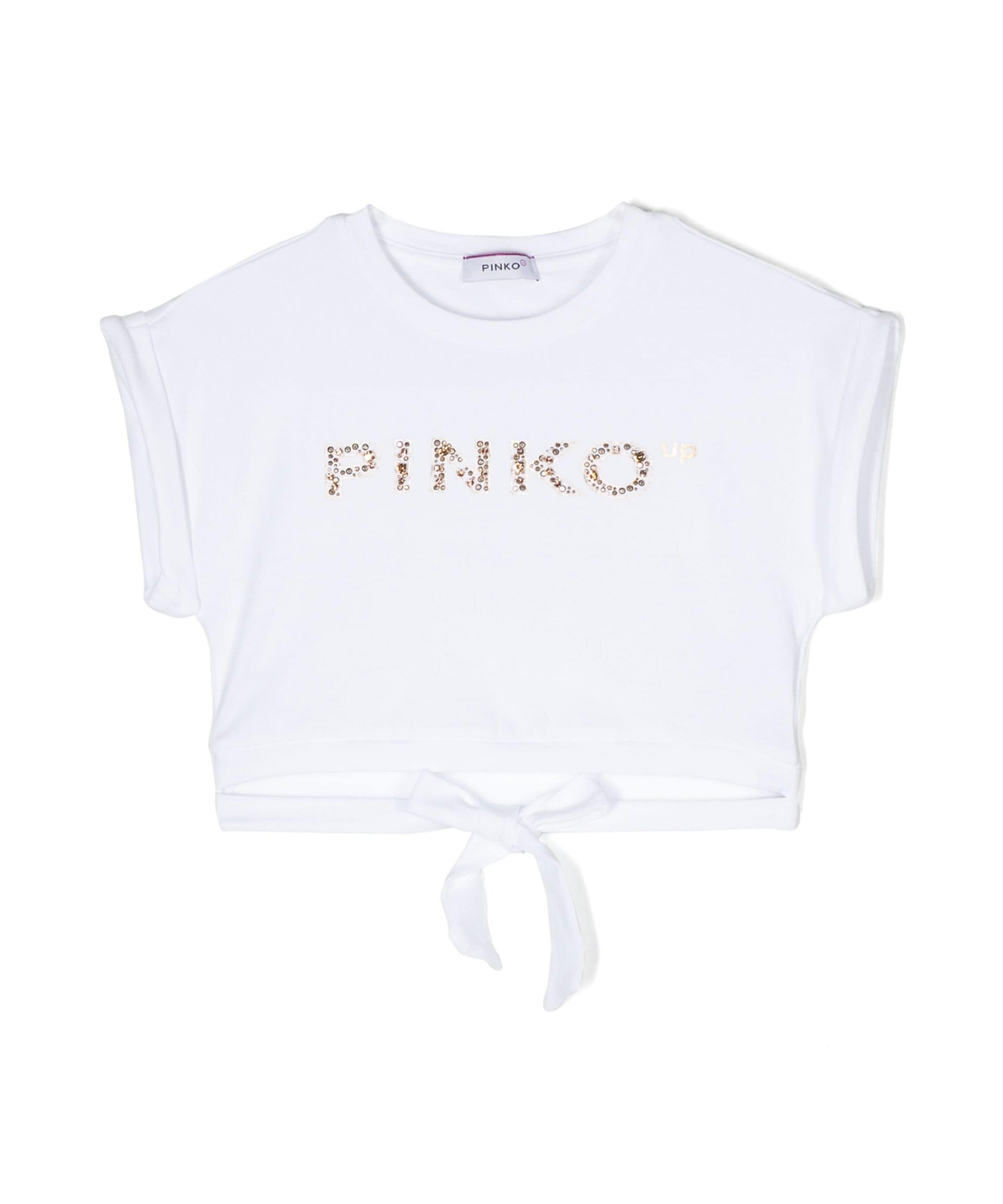 Pinko Kids T-shirt Crop Bianca con Fiocco e Strass 