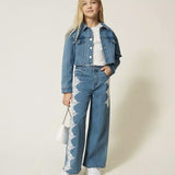 Twinset Kids Pantalone in Denim con Dettagli in Pizzo