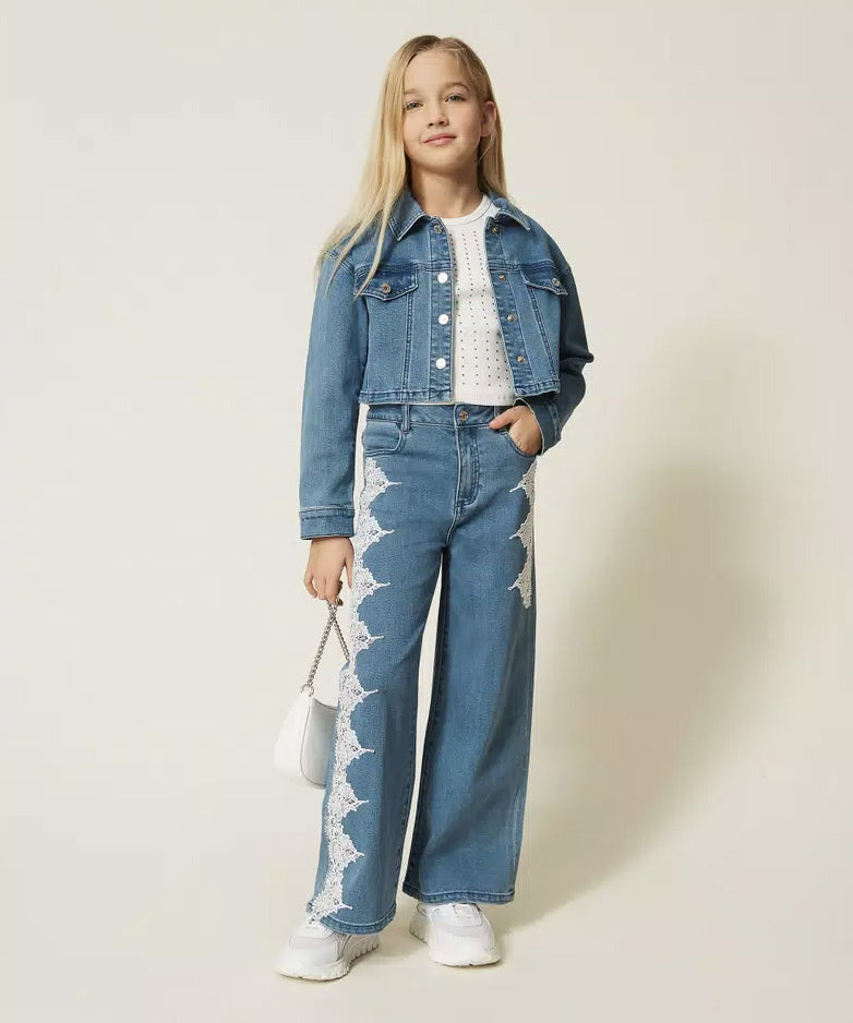 Twinset Kids Pantalone in Denim con Dettagli in Pizzo