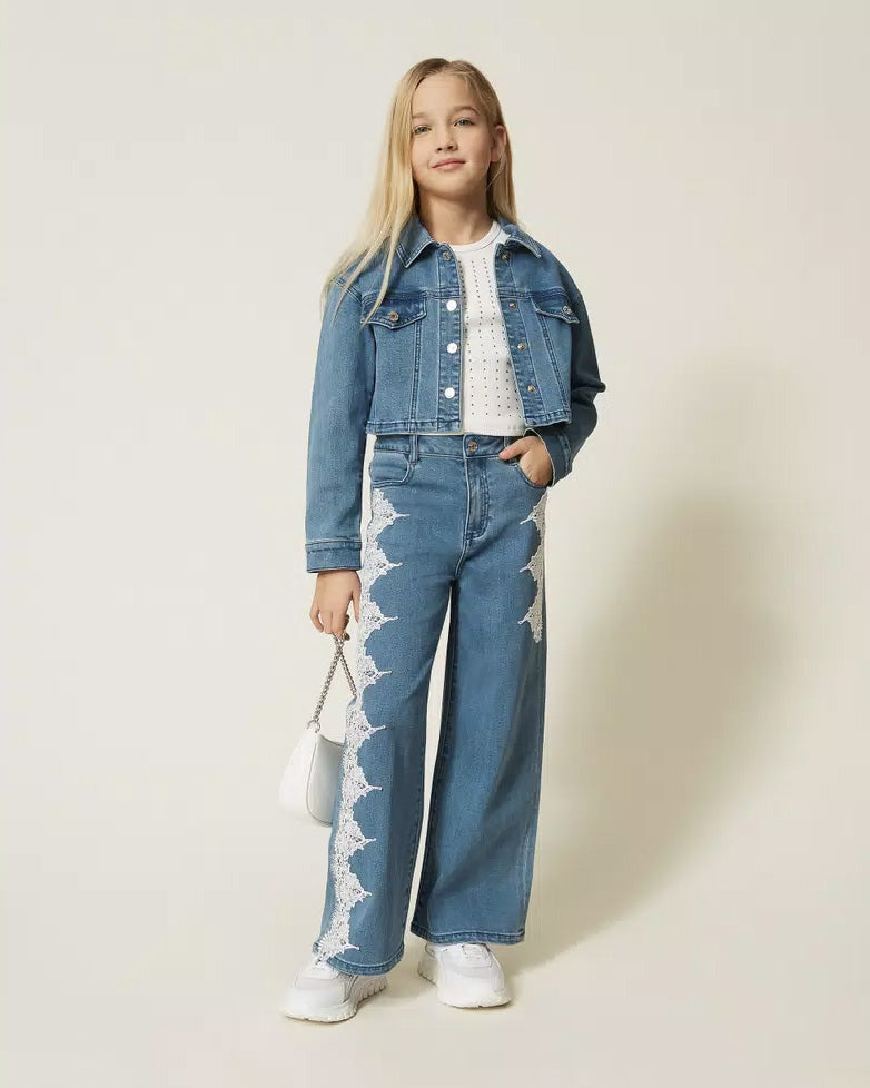 Twinset Kids Pantalone in Denim con Dettagli in Pizzo