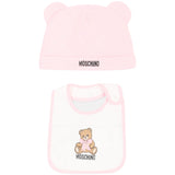 Moschino Kids Set Rosa con Cappellino a Orecchie e Bavaglino con Stampa Teddy Bear e Logo per Neonate
