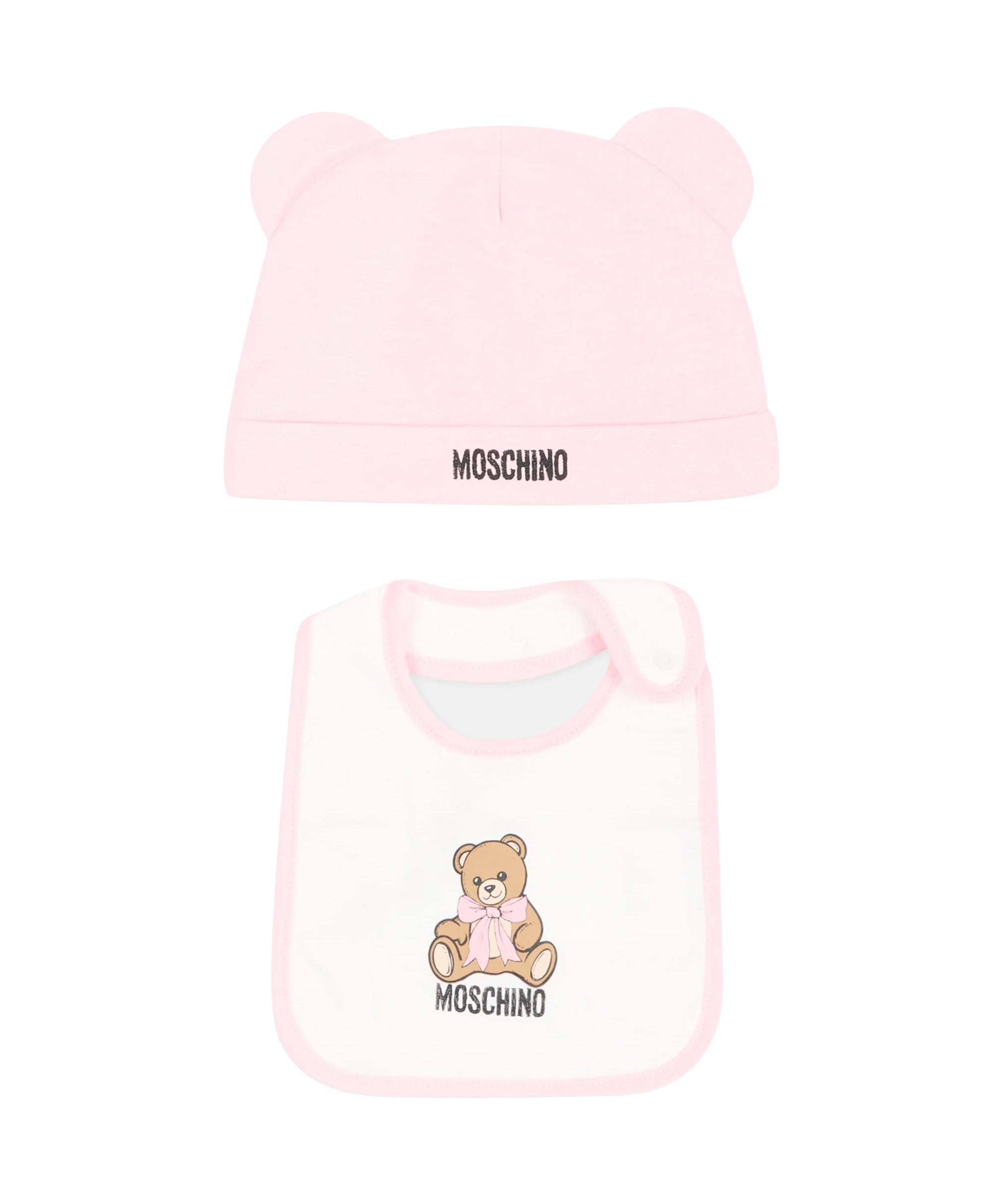 Moschino Kids Set Rosa con Cappellino a Orecchie e Bavaglino con Stampa Teddy Bear e Logo per Neonate