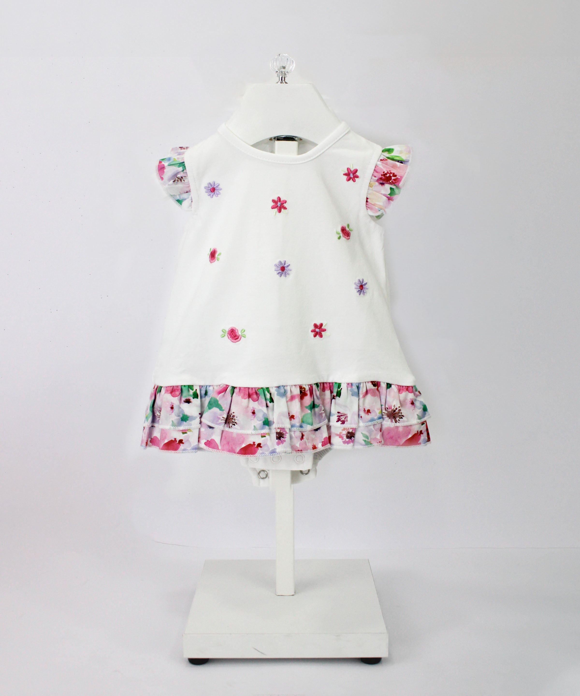 Minibanda Abito Bianco Floreale con Culotta per Neonate