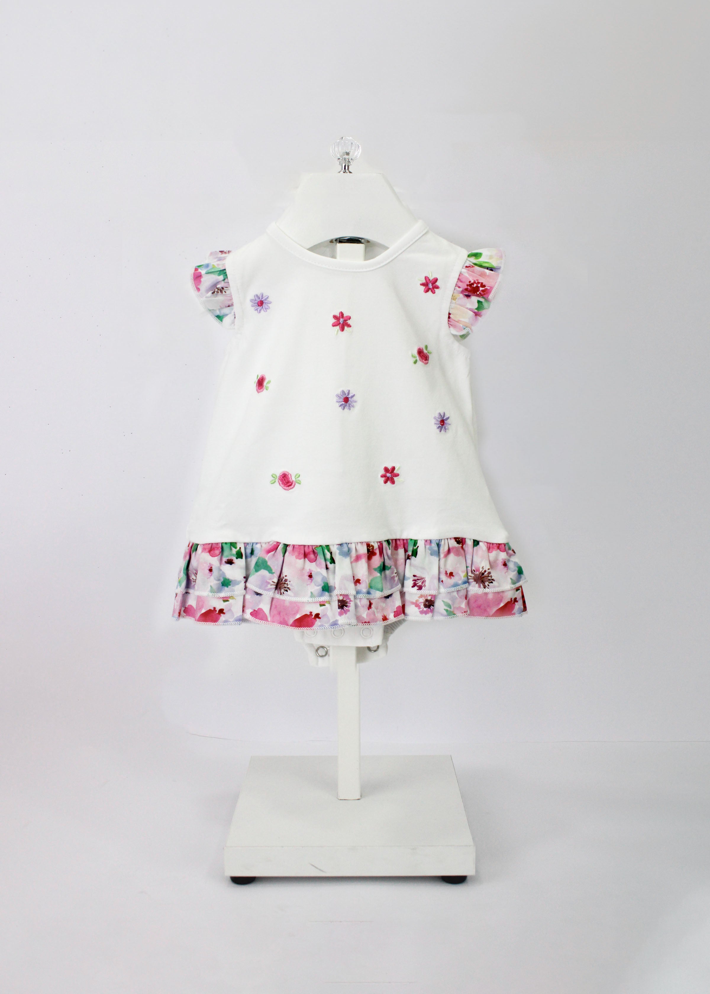 Minibanda Abito Bianco Floreale con Culotta per Neonate