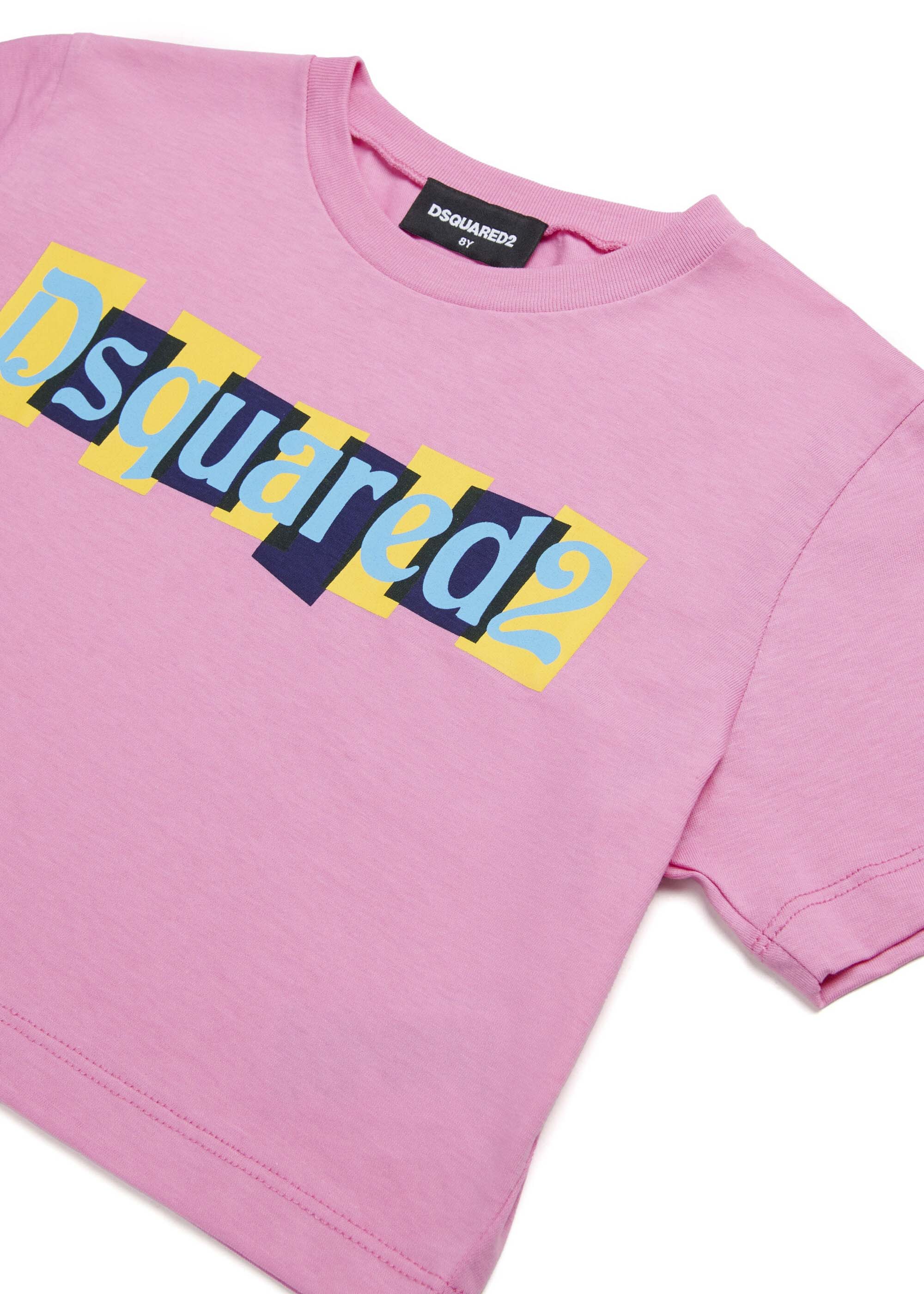 Dsquared2 Kids T-shirt Crop Fucsia con Logo Boxed per Bambine (dettaglio)