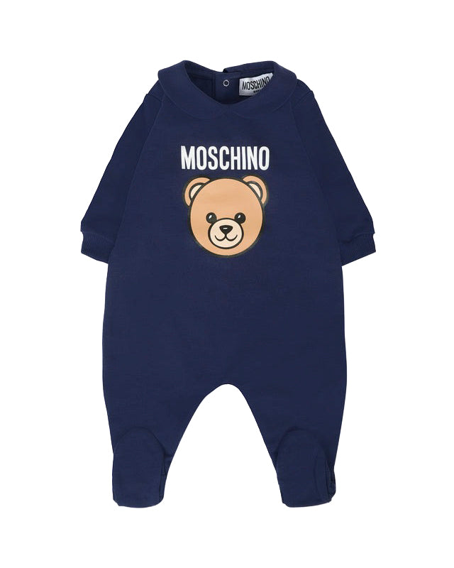 Moschino Kids Tutina Blu Navy con Logo Teddy per Neonati