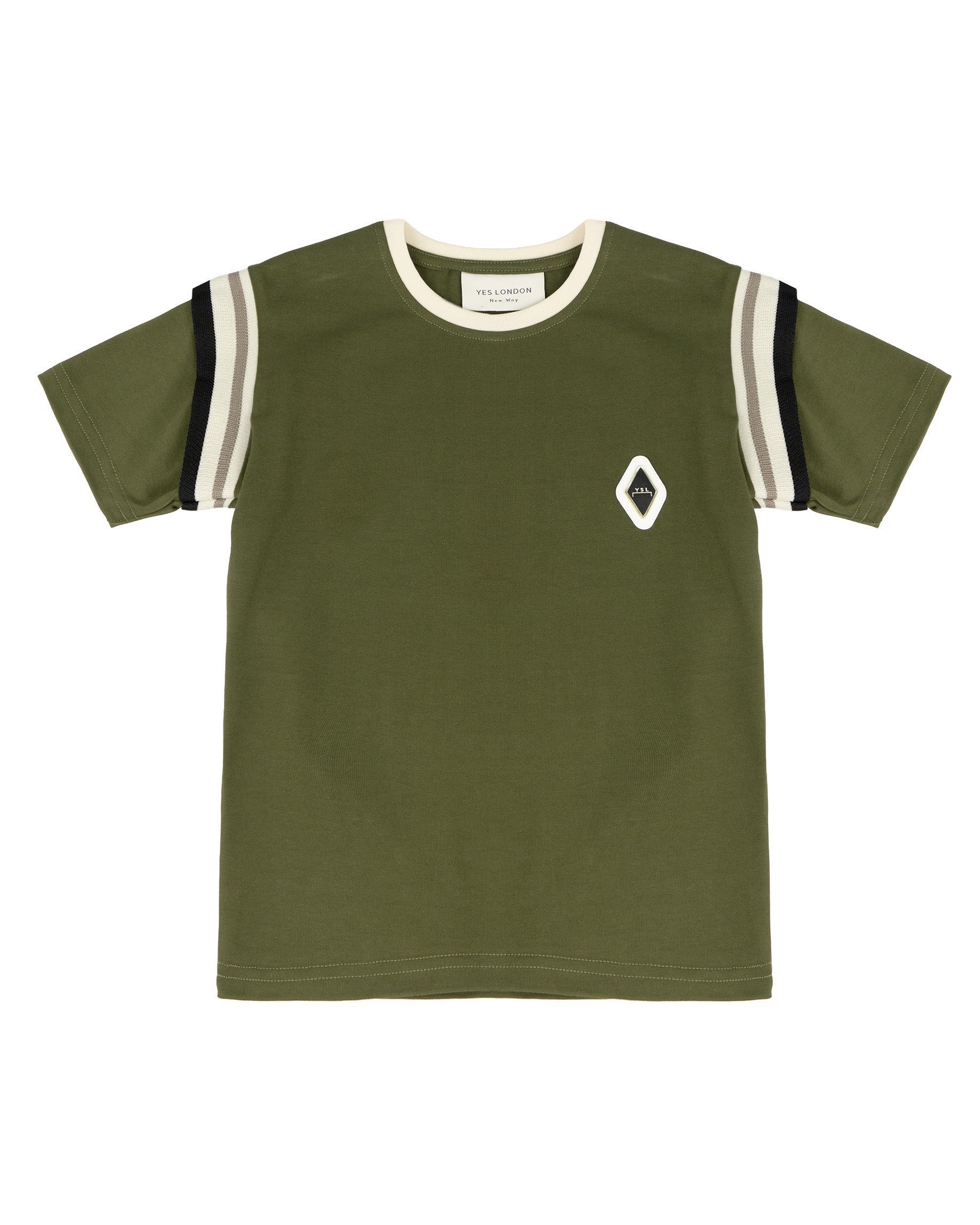Yes London Kids T-Shirt Verde Oliva con Dettaglio su Manica e Logo in Rilievo per Bambini