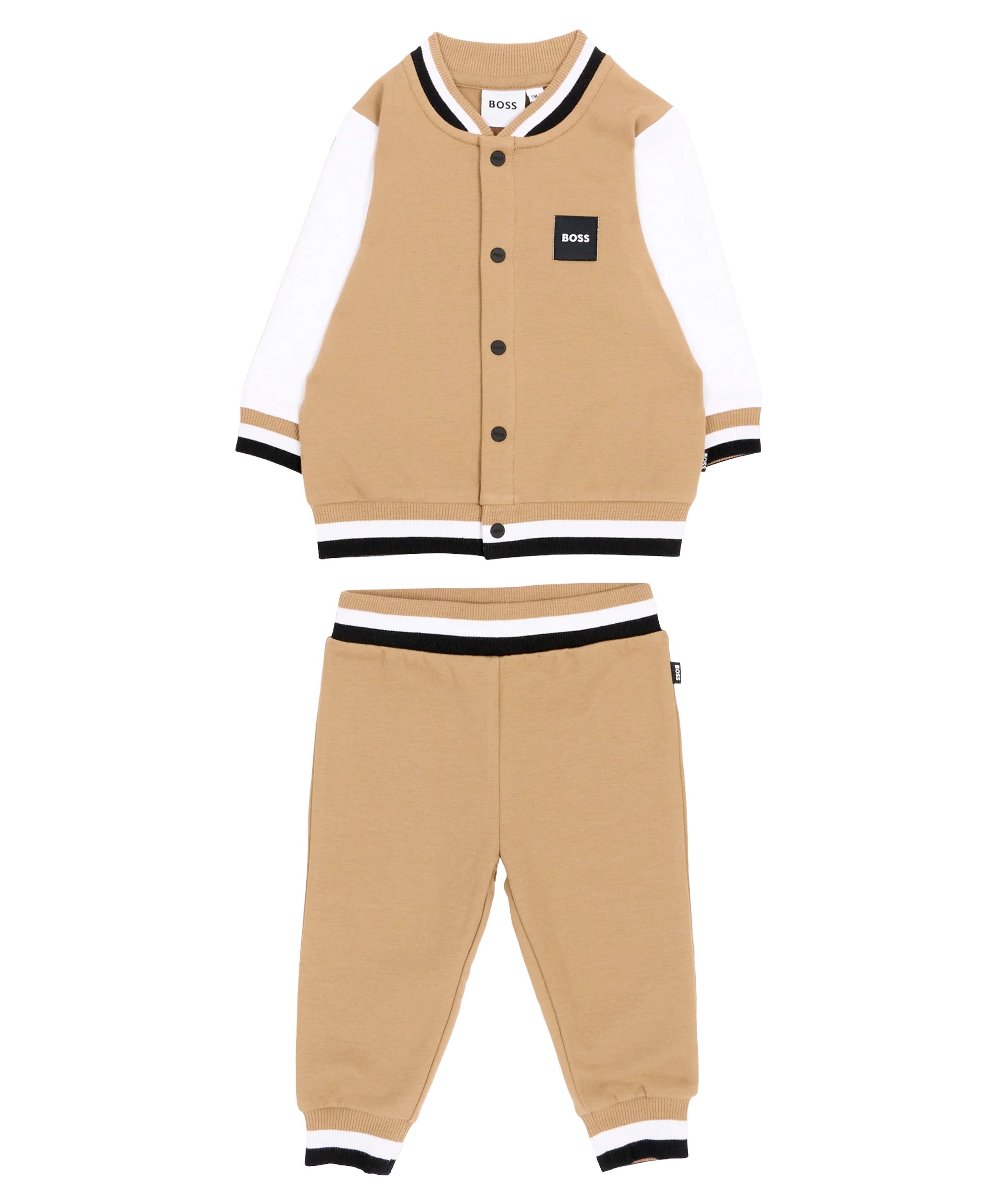 BOSS Kids Completo 3 Pezzi Beige con Giacca, Pantaloni e T-shirt con Logo per Neonati